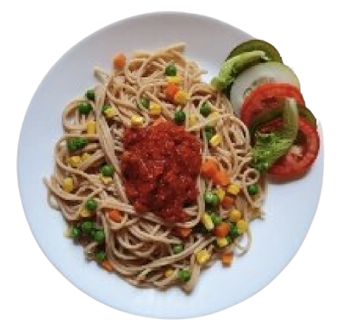 Pasta dish with sauce and vegetables